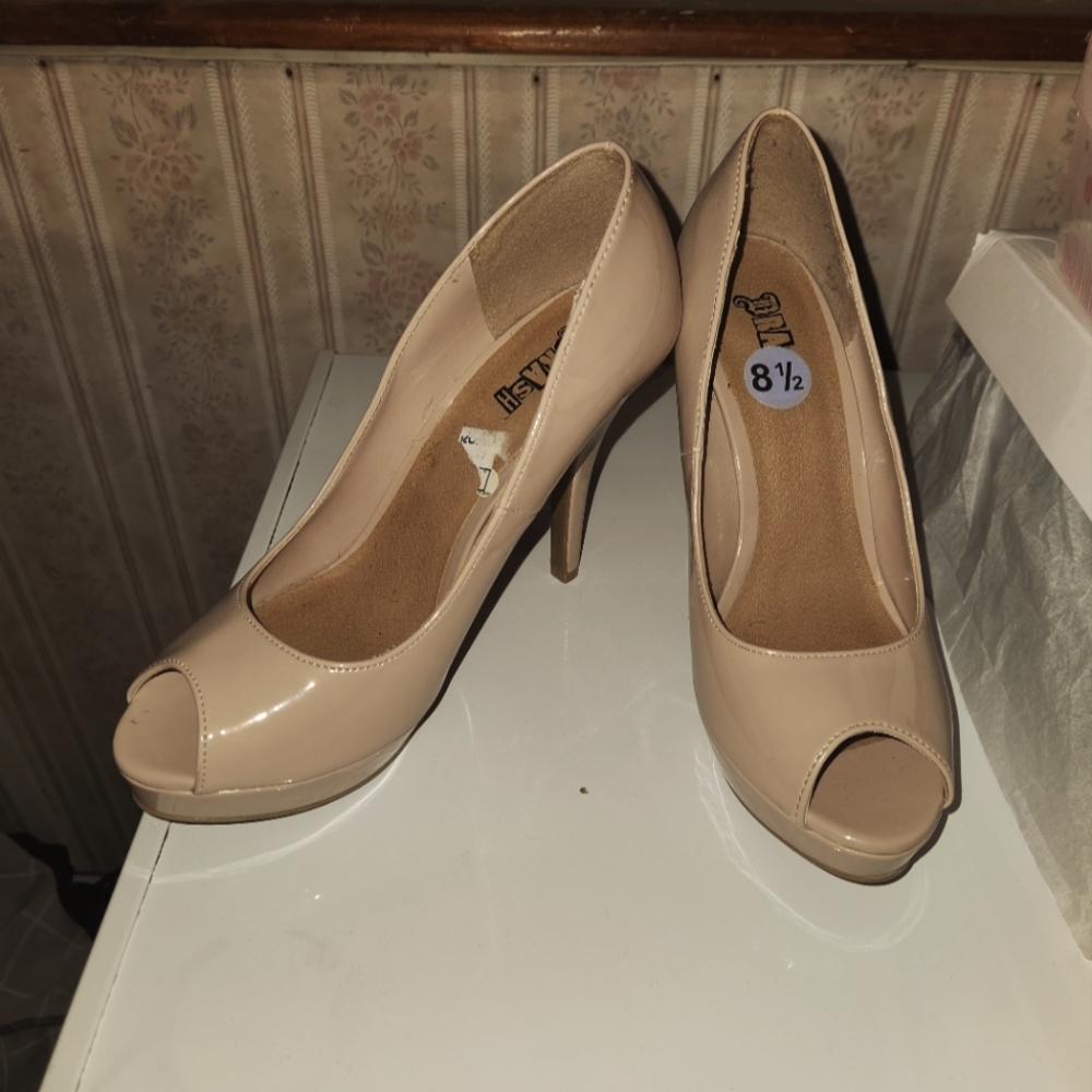 Nude open toe heels